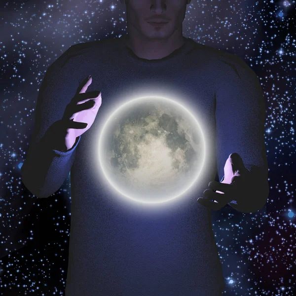 Bright Moon Hovers Mans Palms — Stock Photo, Image