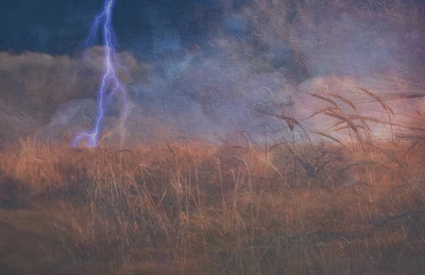 Schwer Strukturierter Blitzeinschlag Und Getreidefeld — Stockfoto