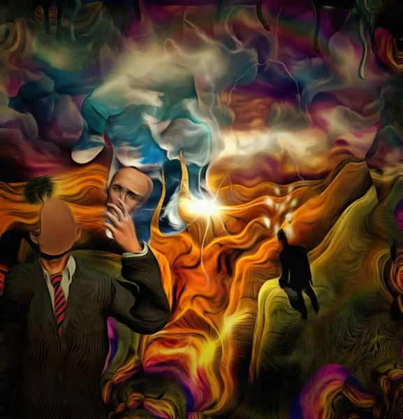 Complex Surreal Painting Faceless Man Holds Mask Hand Businessman Light — Stock Photo, Image