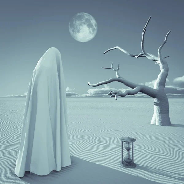 シュールな芸術 白いマント姿の人物が砂漠に立っている — ストック写真
