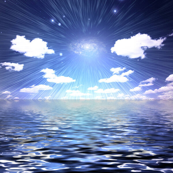 Shining galaxy over water. 3D rendering