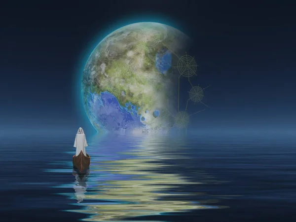 Figur Weißer Robe Boot Gegen Den Planeten — Stockfoto