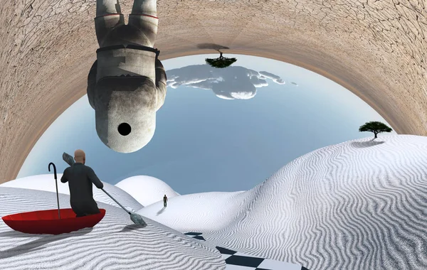 Astronauta Trova Nel Surreale Deserto Bianco Uomo Galleggia Ombrello Rosso — Foto Stock