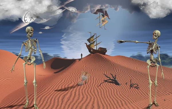 Surreal Desert Ancient Ship Sand Dune Skeletons Hourglass Ship Sky — Stock Photo, Image