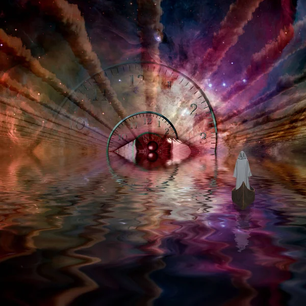 Beyaz Cüppeli Adam Uzay Tünelinde Tanrı Nın Gözüne Doğru Süzülüyor — Stok fotoğraf