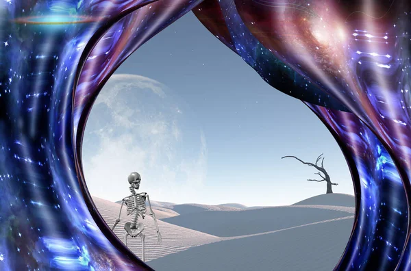 シュールレアリズム 白い砂漠 地平線の大きな月 空間を歪め スケルトンは死を象徴する — ストック写真
