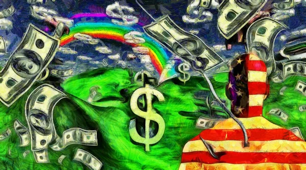 超现实的绘画 穿着美国国色服的男人上钩了 美元符号形状的云彩 美元的雨 — 图库照片