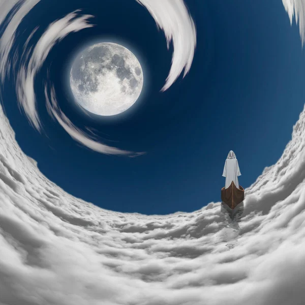 Figura Bata Blanca Flotando Luna Llena Las Nubes — Foto de Stock