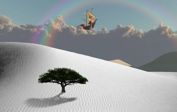 Surreal Desert Green Tree Sand Dune Ancient Ship Cloudy Sky — Stock Photo, Image