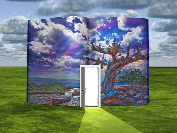 Surrealismo Libro Con Porta Aperta Paesaggio Vivido — Foto Stock