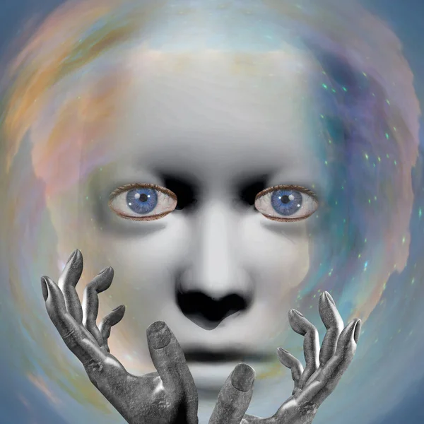 Visage Humain Avec Les Mains Fond Univers — Photo