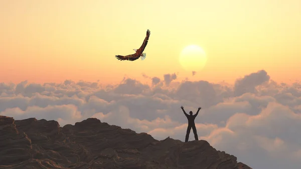 Man meets sunrise. Eagle flies. 3D rendering