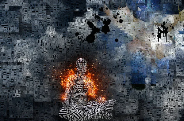 Soyut bulutlar. Kelimeler. Lotus pozunda yanan adam. Derisinde labirent deseni var.. 