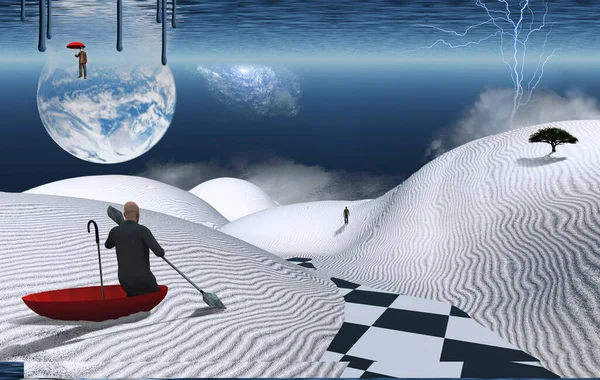 Surreale Malerei Mann Rotem Regenschirm Schwimmt Auf Weißem Wüstenboden Ein — Stockfoto