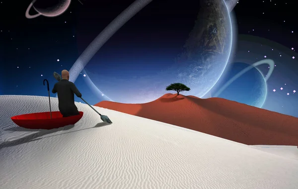Surreal painting. Man in red umbrella floating on white desert. Green tree at the horizon. Big planets in the sky.