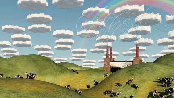 Surreal Pasture Factory Landscape Rendering — 图库照片