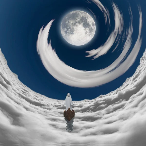Figura Bata Blanca Flotando Luna Llena Las Nubes Renderizado — Foto de Stock