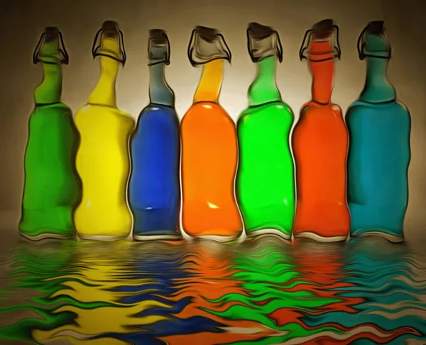 Arte Moderno Botellas Colores Refleja Agua — Foto de Stock