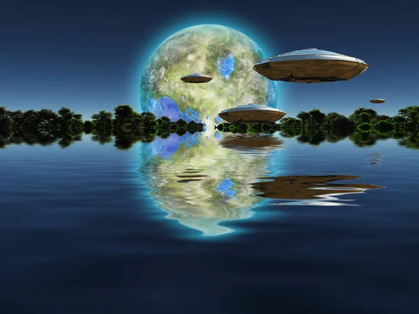 飞碟接近扭曲的月亮 在地平线上被水环绕的绿色森林 — 图库照片