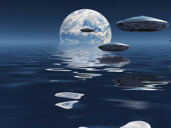 Flying Saucers Water Terraformed Moon Horizon — Stock Photo, Image