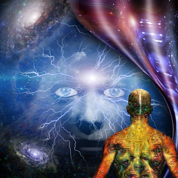 Complex Surreal Painting Face God Warped Space Man Weird Demons — Stock Photo, Image