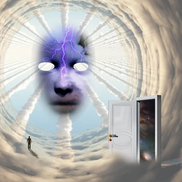 Білі Двері Боже Обличчя Людина Йде Хмарі — стокове фото