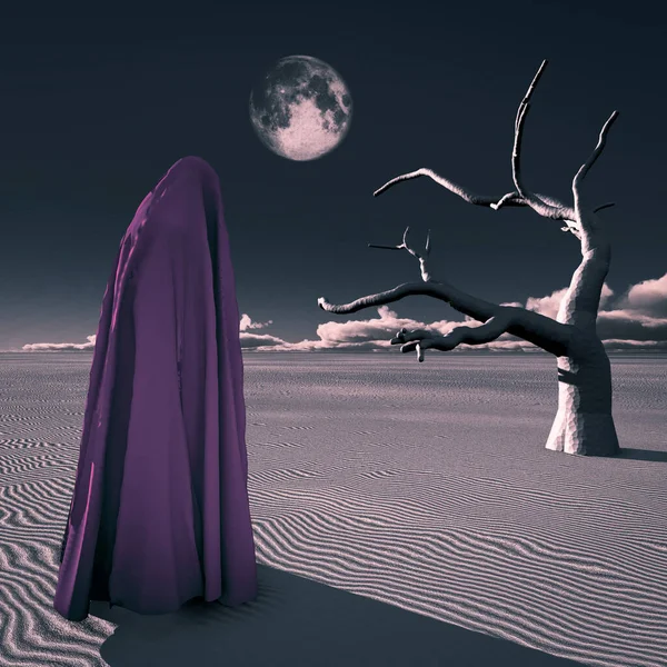Surreal Art Figure Purple Cloak Stands Desert — Stock Photo, Image