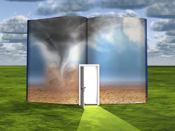 Surrealisme Boek Met Geopende Deur Tornado — Stockfoto