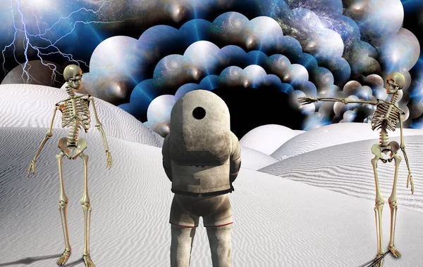 Astronaut Stands Surreal Desert Two Skeletons Multilayered Space Representing Infinite — Stock Photo, Image