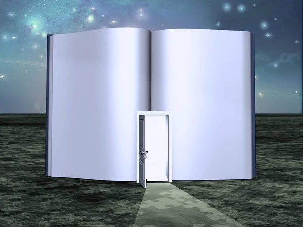 Surrealismo Libro Vacío Con Puerta Abierta Cielo Estrellado Sobre Fondo — Foto de Stock