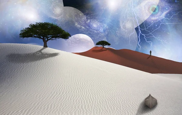 Біла Пустеля Зелені Дерева Човен Зображення Людини Відстані Багатошарові Простори — стокове фото