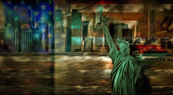 Современное Искусство Статуя Свободы Фоне Манхэттена — стоковое фото