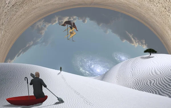 Surreal Painting Man Red Umbrella Floating White Desert Figure Man — Stock Photo, Image