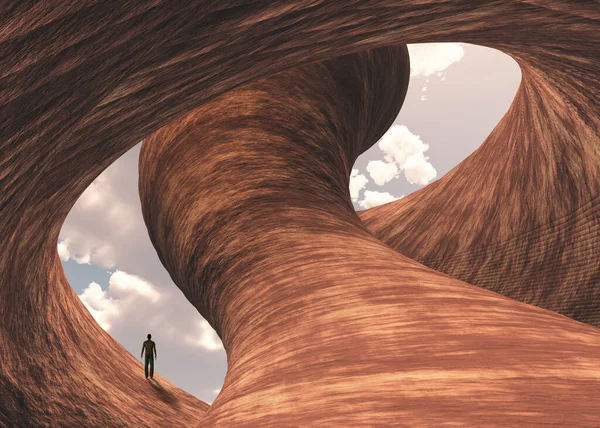 在阴天的峡谷岩石上雕刻的人 3D渲染 — 图库照片