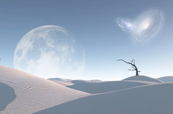 水平線に乾燥した木 銀河や大きな月と超現実的な白い砂漠 — ストック写真