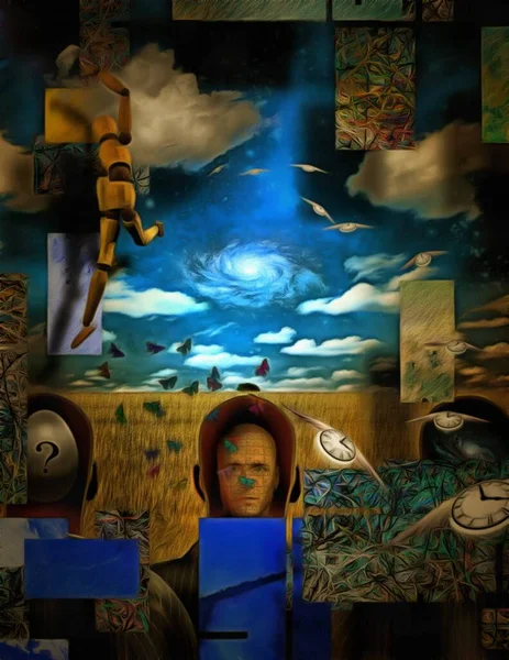 Surrealistyczny Obraz Męskie Głowy Różnymi Myślami Środku Pole Pszenicy Błękitne — Zdjęcie stockowe