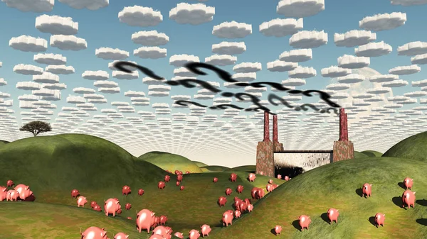 Paisaje Surrealista Con Fábrica Cerdo Moviong Hacia Fábrica —  Fotos de Stock