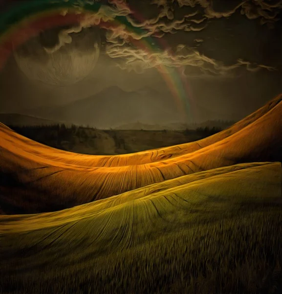 Een Surrealistisch Schilderij Groene Velden Gigantische Maan Regenboog Bewolkte Lucht — Stockfoto