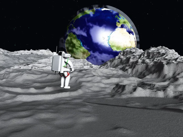Lunar Astronaut Views Earth Rise Rendering — Stock Photo, Image