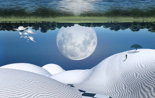 Een Surrealistische Witte Woestijn Groene Boom Een Zandduin Een Man — Stockfoto