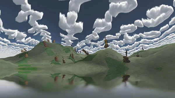 Surrealistyczny Obraz Skrzypce Zielonych Polach Abstrakcyjne Chmury Niebie — Zdjęcie stockowe