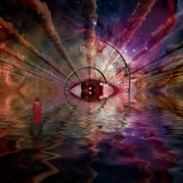 Фігура Червоному Одязі Пливе Ока Бога Космічному Тунелі Візуалізація — стокове фото