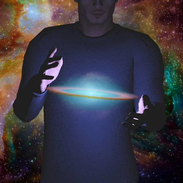 Man Holds Galaxy His Hands — Stock Photo, Image