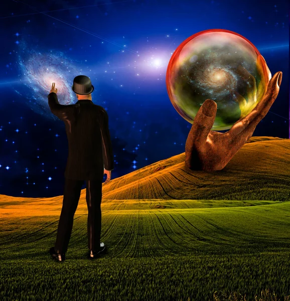 Man Points Galaxy Sci Landscape — Stock Photo, Image