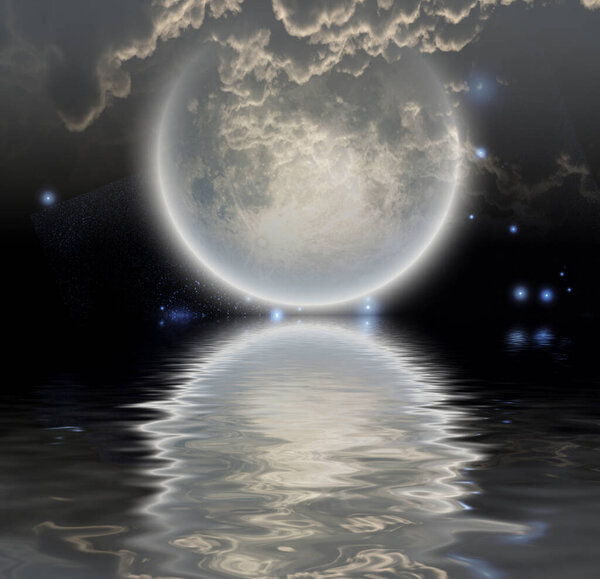 Moonrise over water. 3D rendering