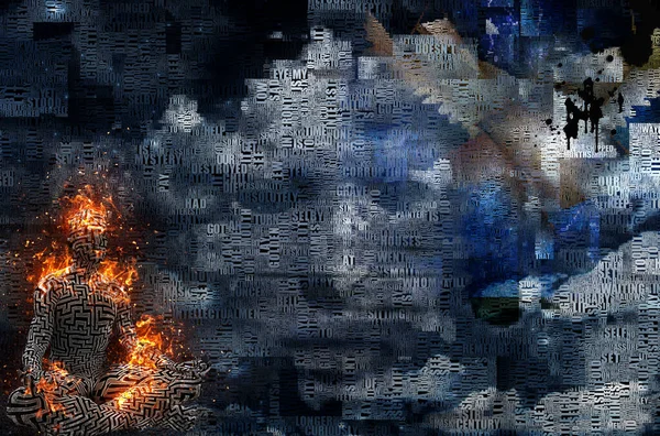 Nuvens Abstratas Palavras Homem Queimado Pose Lótus Padrão Labirinto Sua — Fotografia de Stock