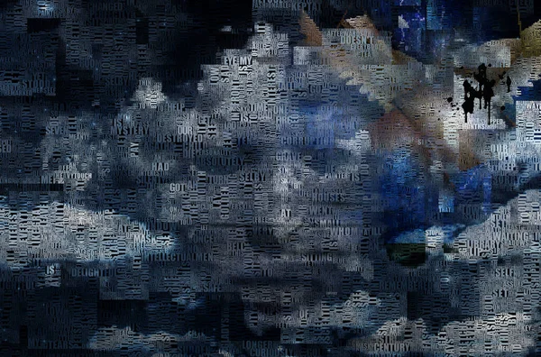 Soyut bulutlar. Kelimeler. Kanatlı çıplak adam meleği temsil ediyor..