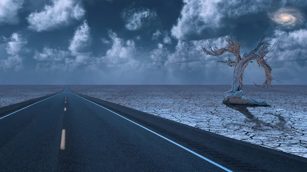 Wüste Straßenlandschaft Mit Altem Baum — Stockfoto