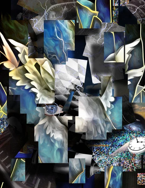 Złożony Surrealistyczny Obraz Skrzydła Oko Kwadratowe Elementy Zegarki Skrzydłowe Reprezentują — Zdjęcie stockowe