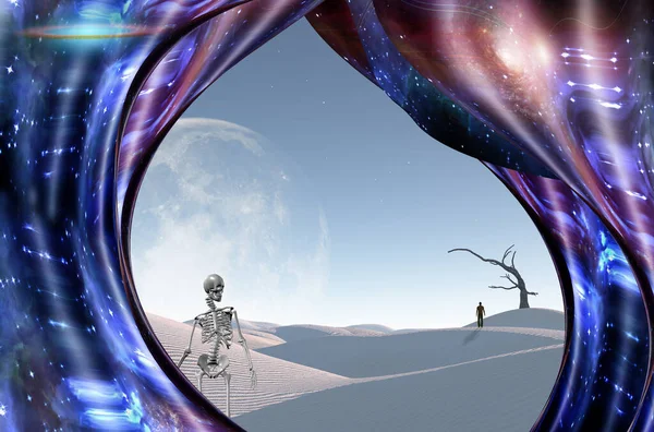 Surrealism. White desert, big moon at the horizon. Lonely man in a distance. Warped space. Skeleton symbolizes death.